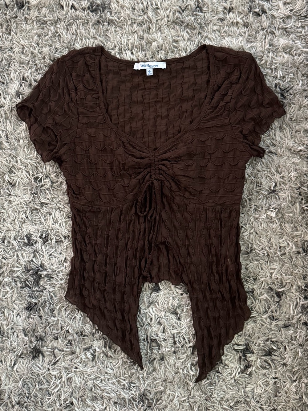 Brown Ruched Tie-Front Short Sleeve Top